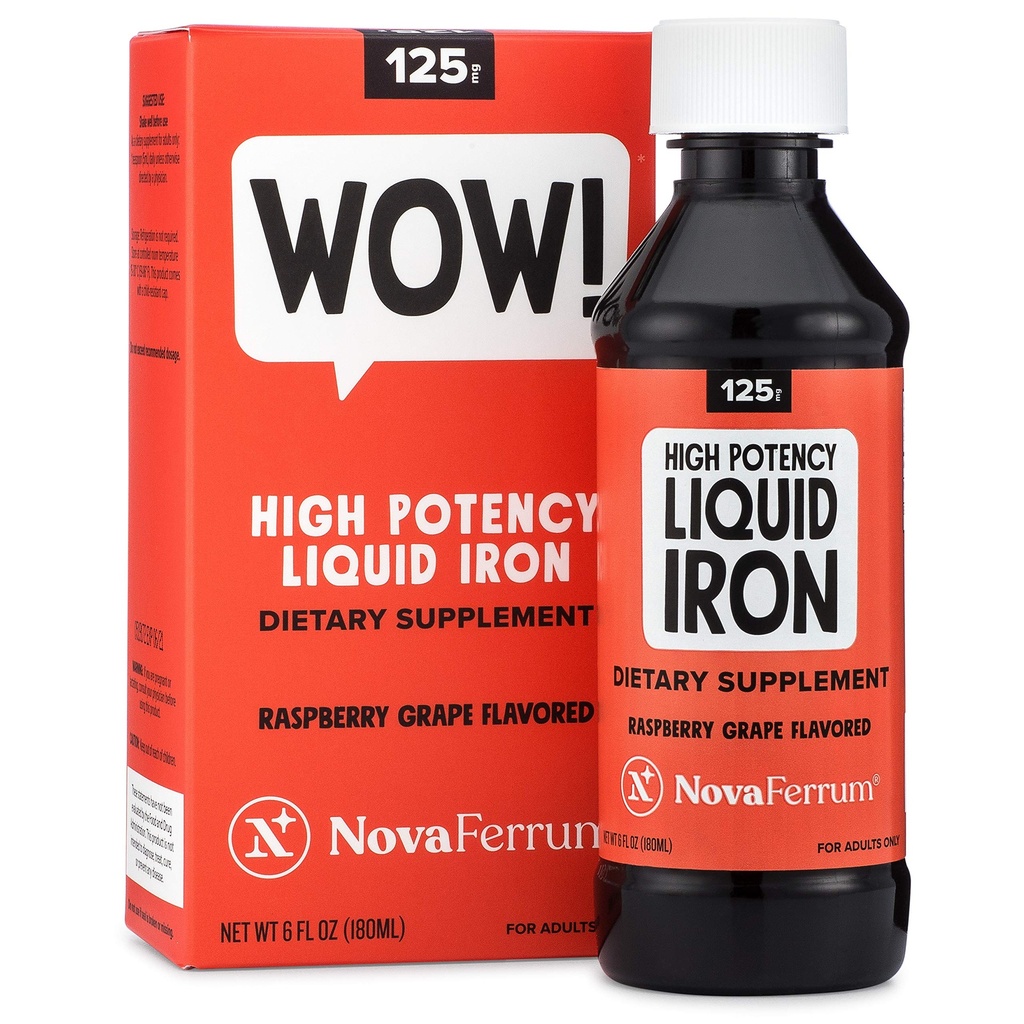 NovaFerrum Wow, 125 Υψηλής ισχύος συμπλήρωμα υγρού σιδήρου για ενήλικες, έλλειψη σιδήρου, 125mg σιδήρου ανά δόση 5mL, Vegan Επαληθευμένο, χωρίς γλουτένη Πιστοποιημένο, χωρίς ζάχαρη