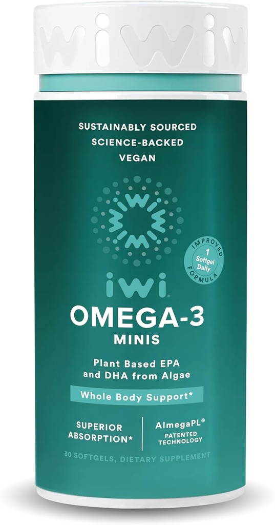 Iwi Omega-3 Mini Softgels (30 σέρβις), εύκολο στην κατάποση, Φυτό-βασισμένο Algae Omega 3 με EPA + DHA, Ολόκληρο-Body Υποστήριξη Συμπλήρωμα διατροφής, Κριλ & Fish Oil Εναλλακτική, Δεν Ψάρια Επίγευση