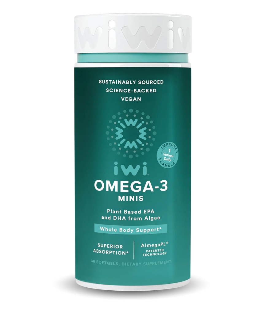 Iwi Omega-3 Mini Softgels (30 Servings), Easy to Swallow, Plant-Based Algae Omega 3 with EPA + DHA, Whole-Body Support Dietary Supplement, Krill & Fish Oil Alternative, No Fishy Aftertaste