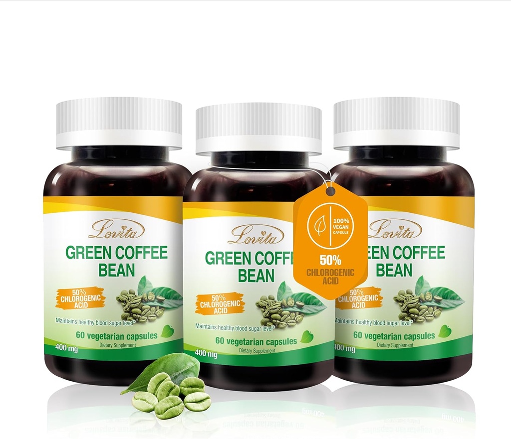 Lovita Green Coffee Bean Extract, 50% Χλωρογόνο Οξύ για Μεταβολισμό, Ενέργεια & Διαχείριση Βάρος, 800 mg ανά ημέρα, Vegan, Μη ΓΤΟ, Χωρίς Γλουτένη, Φυσικό Αντιοξειδωτικό Συμπλήρωμα, 180 κάψουλες