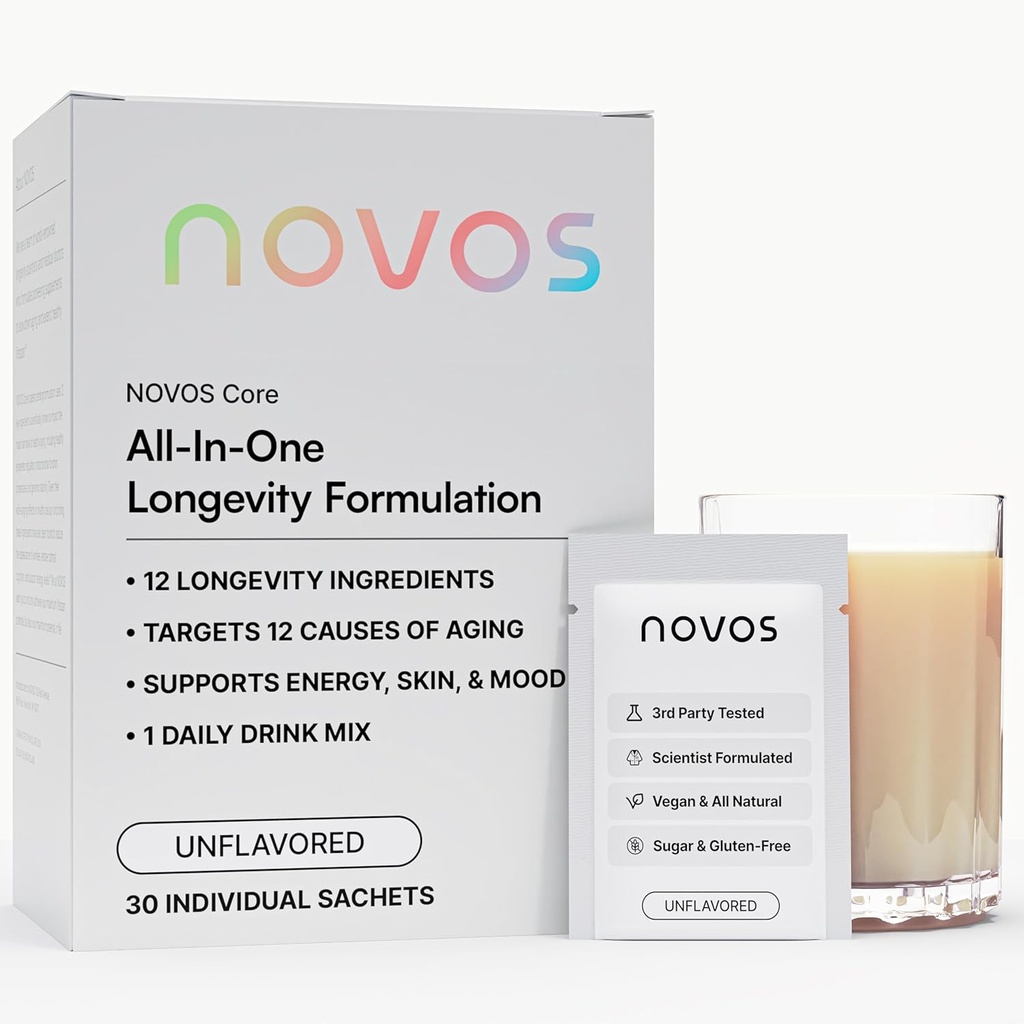 NOVOS Core Longevity Mix, Συμπλήρωμα κατά της γήρανσης, Πακέτο σκόνης ποτών Άγευστη - Υποστήριξη του δέρματος, ενέργεια, υποστήριξη Mood, Sleep and Cognition Υποστήριξη - 30 Υπηρεσίες