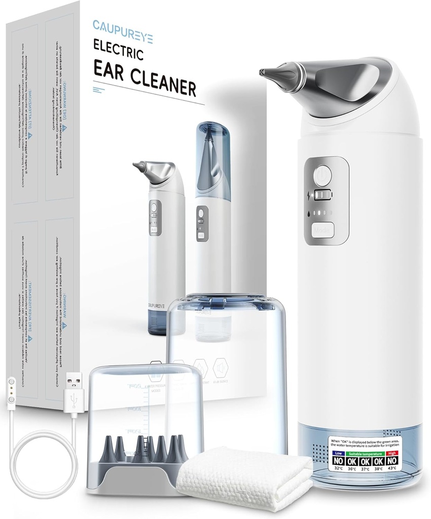 Κιτ αφαίρεσης κεριού αυτιού, 360°Electric Ear Cleaner, Κιτ καθαρισμού αυτιών με 4 τρόπους πίεσης νερού, Κιτ αφαίρεσης κεριού για ασφαλές σύστημα άρδευσης αυτιών w/8 Συμβουλές άρδευσης, χαμηλός θόρυβος, IP65 Αδιάβροχο