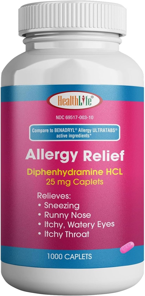 HEALTH LFE Allergy Relief, Medicine Diphenhydramine HCl Caplets, 25 mg | Children and Adults | Relieves Sneezing, Runny Nose, Hay Fever Symptoms, Itchy Eyes and Throat (Large,1000 Count)