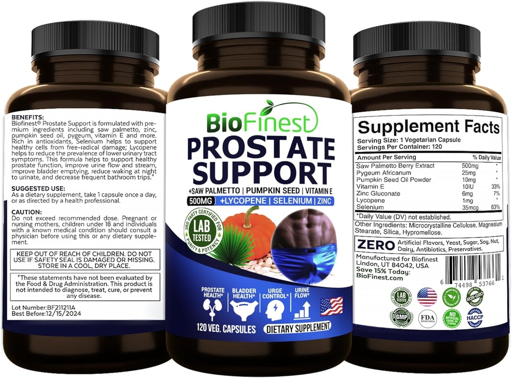 BioFinest Prostate Υποστήριξη για τους άνδρες - Saw Palmetto Lycope Κολοκύθα Σπόροι Pygeum Ψευδάργυρος Selenium - Υγιής ροής ούρων Bladder Prostate Βιταμίνη συμπλήρωμα - Made in USA (120 Veg. Κάψουλα)