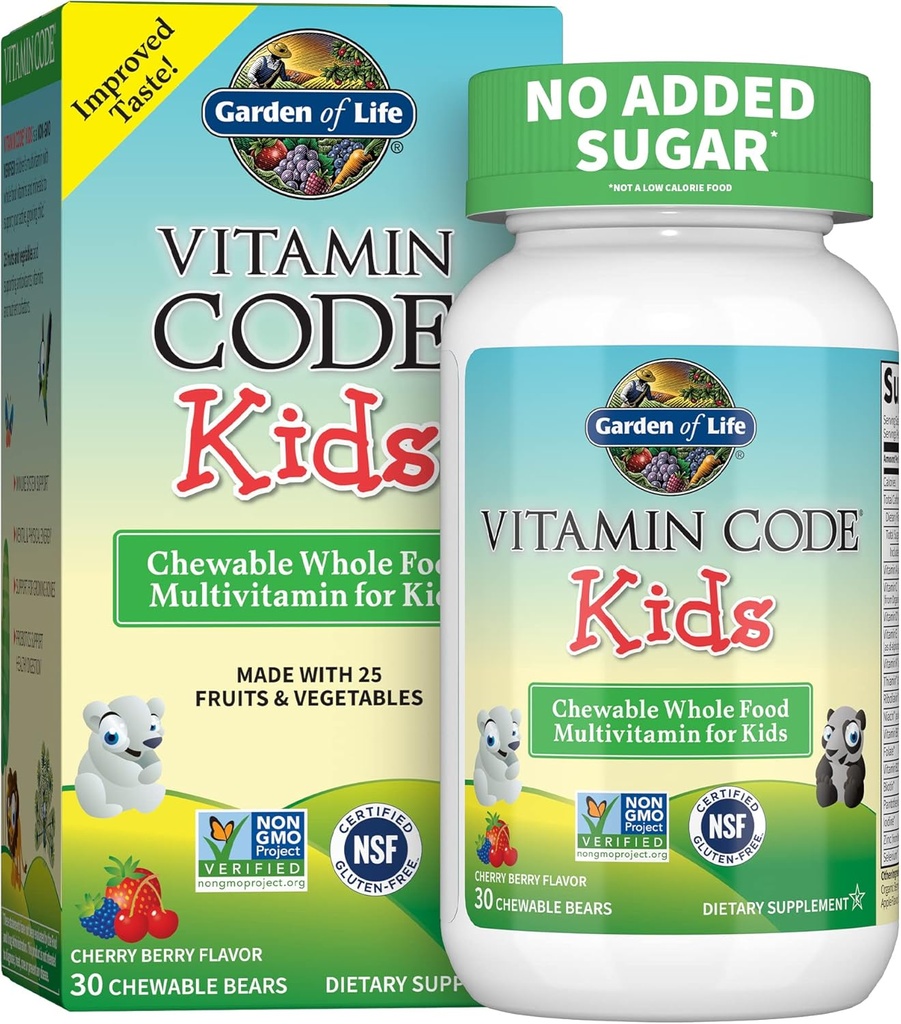 Garden of Life Vegetarian Multivitamin Supplement for Kids - Vitamin Code Kids Chewable Ακατέργαστη βιταμίνη τροφίμων με προβιοτικά, 30 Chewable Bears