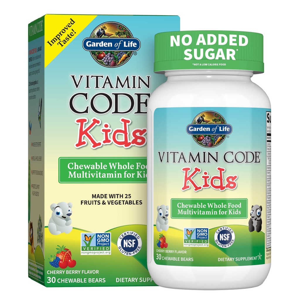 Garden of Life Vegetarian Multivitamin Supplement for Kids - Vitamin Code Kids Chewable Ακατέργαστη βιταμίνη τροφίμων με προβιοτικά, 30 Chewable Bears