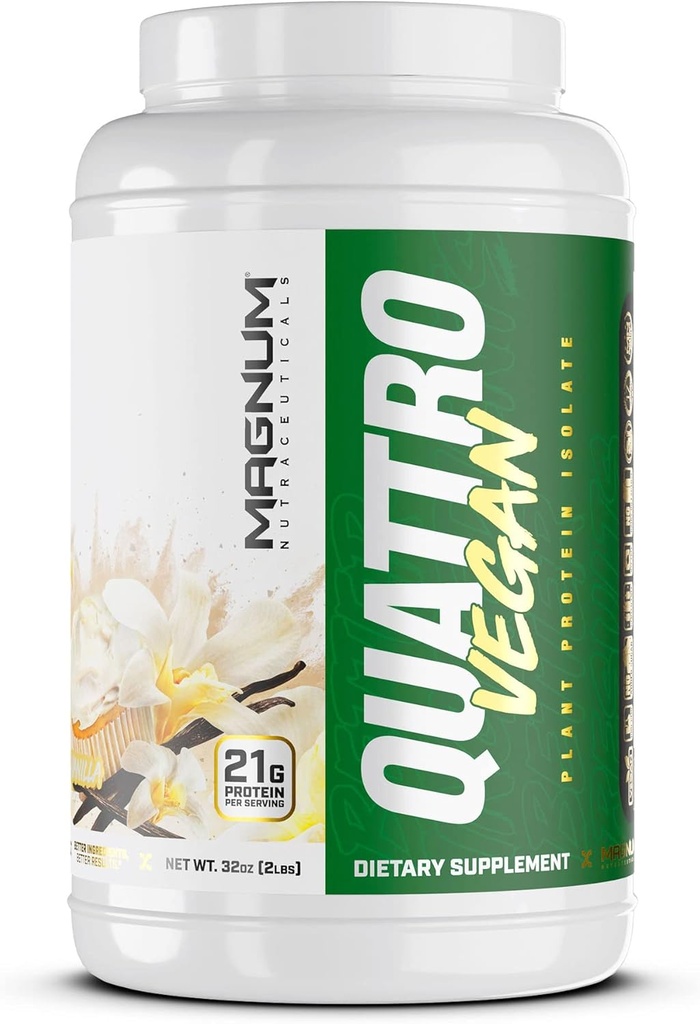 Magnum Nutraceuticals Quattro Vegan Protein Powder, Vanilla 2lb – Protein Powder με βάση τα φυτά Απομονωμένη σκόνη για την ανάπτυξη των μυών & την αποκατάσταση