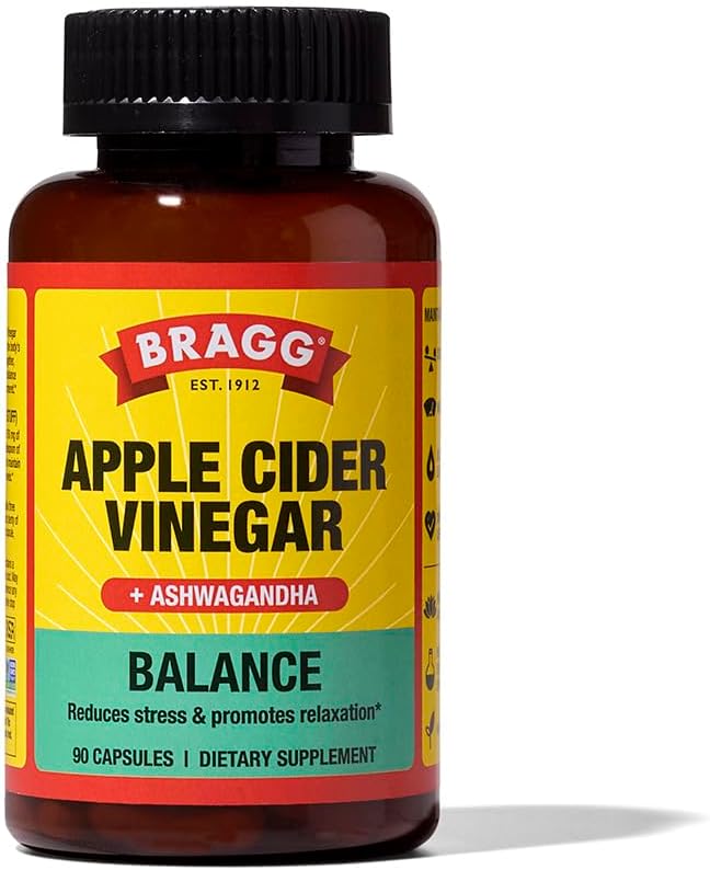 Bragg Καθημερινή Ισορροπία Apple Cider Ξύδι και Sensoril Ashwagandha Κάψουλες - 750mg Οξικό οξύ – Ενέργεια & Βάρος Υποστήριξης - (90 χάπια)