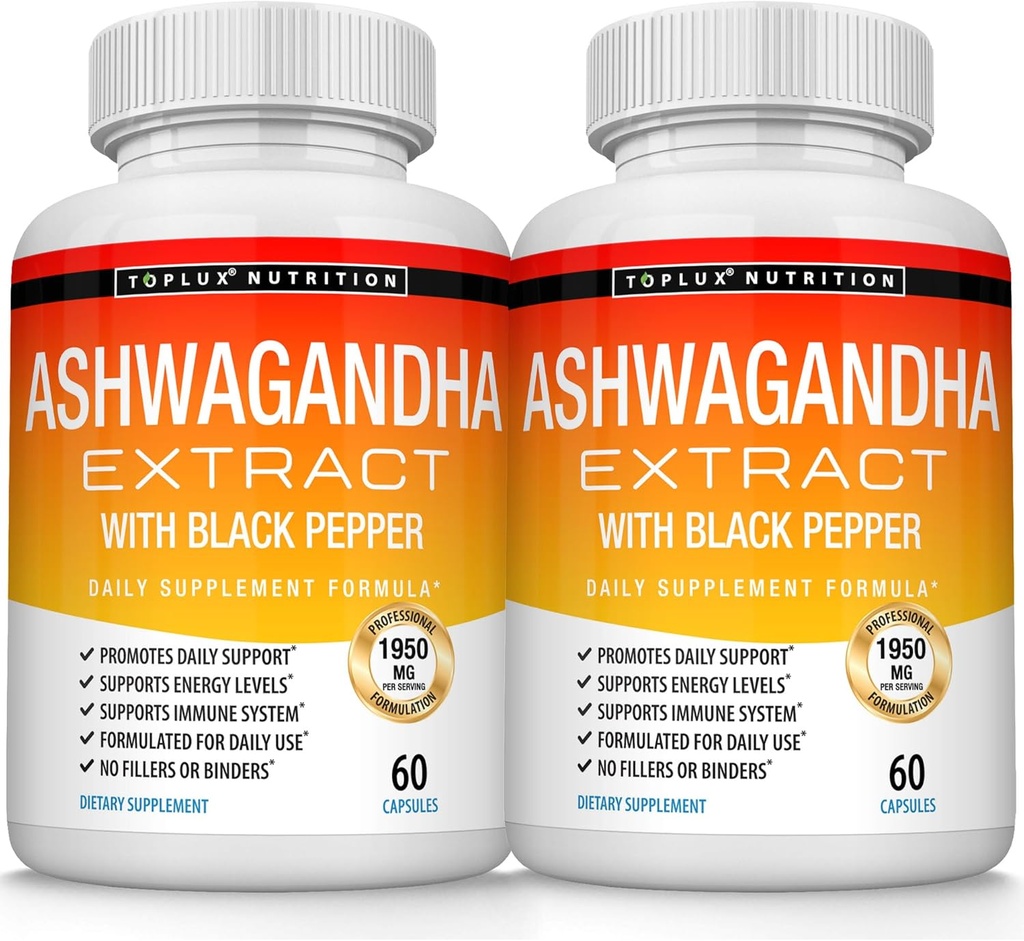 Βιολογικά χάπια σκόνης ρίζας Ashwagandha 1950 Mg με εκχύλισμα μαύρου πιπεριού - καθαρό συμπλήρωμα φυσικής Ashwagandha, ενέργεια υποστήριξης, για τις γυναίκες ανδρών, 60 κάψουλες