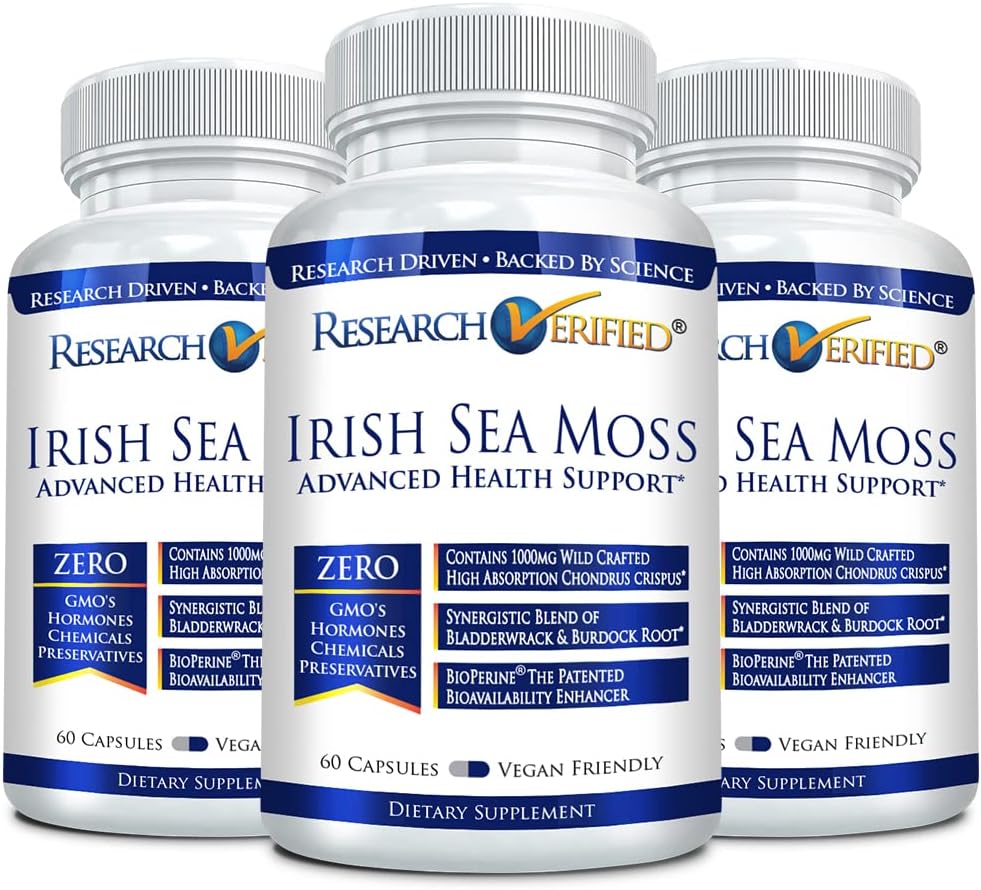 Research Verified Irish Sea Moss - Bladderwrack, Burdock, BioPerine - Rich in Prebiotics - Boost Immunity, Aid Digestion - 180 Capsules - Vegan - Made in The USA