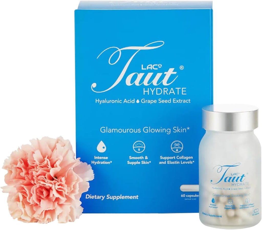Taut Hydrate Hyaluronic Acid Supplement – 120mg Vegan Capsules with Grape Seed Extract - Deep Skin Hydration, Smooth Wrinkles & Glow Support - Collagen & Anti-Aging Supplement for Women & Men– 60 Caps