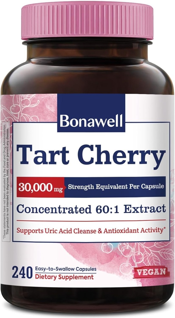Bonawell Tart Cherry 60:1 Extract, 30000mg δύναμη, Φτιαγμένο από το Montmorency Tart Κεράσια, Ισχυρή καθαρισμού ουρικού οξέος, 8 Μήνας προσφοράς, 240 κάψουλες