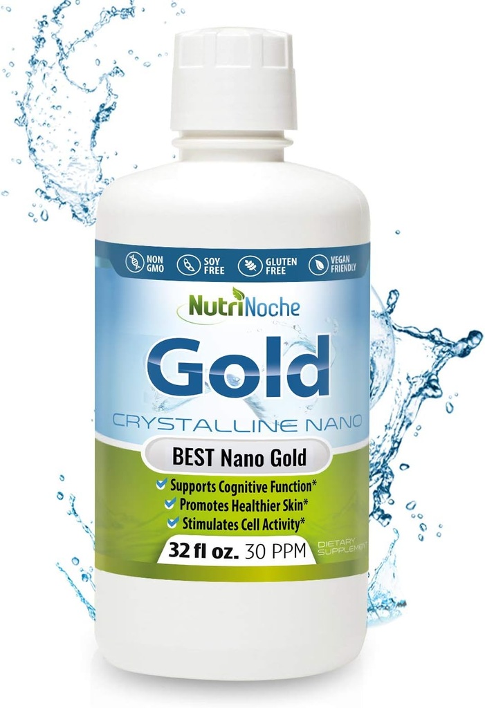 Colloidal Gold Liquid Organic Supplement by Nutrinoche - 100% Pure Nano Gold Mineral - Υποστηρίζει τη διανοητική καθαρότητα, εστίαση και χαλάρωση - 32 oz Bottle - Vegan, Gluten-Free - Crystalline - 30 ppm