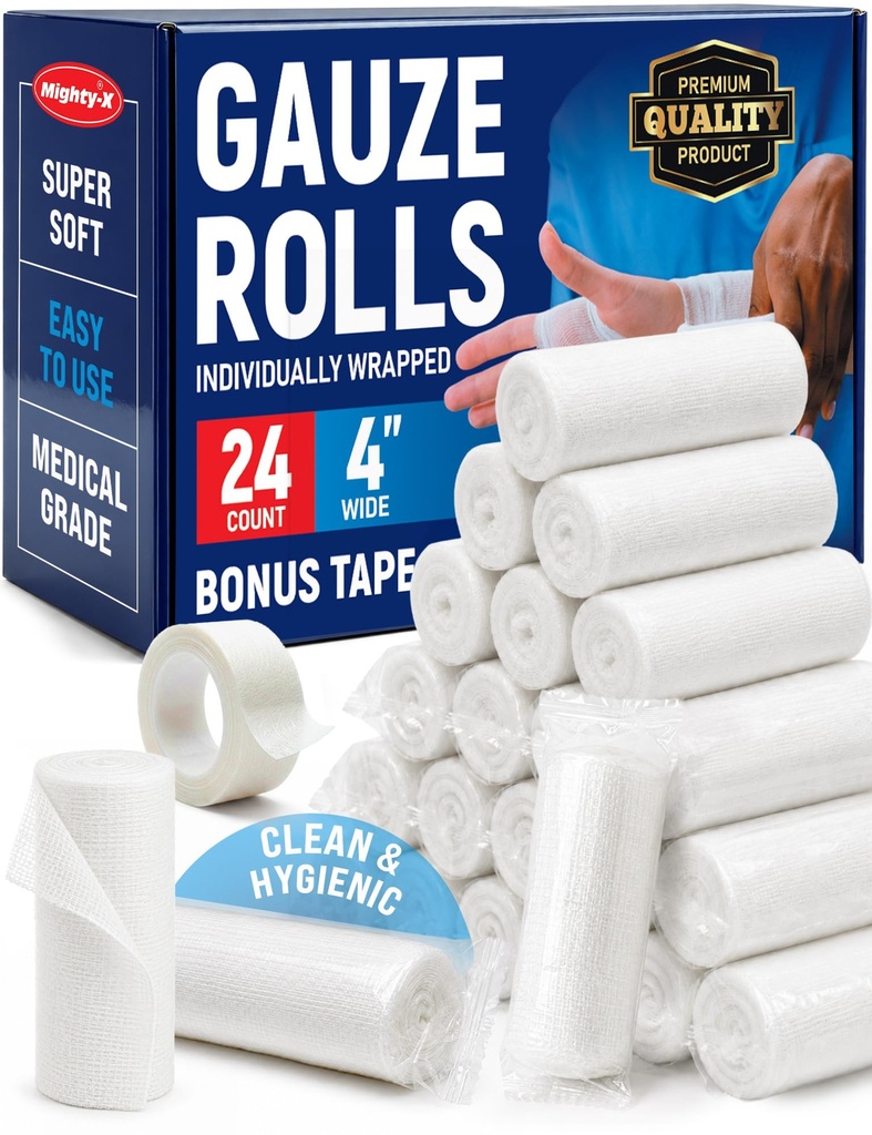 Ρολόι Gauze - 24 Pack - 4" x 4.1yd Αναπνοή κυλίνδρων - Ατομικά τυλιγμένα με ταινία μπόνους - Πρώτες βοήθειες conforming Stretch Wrap for Wounds - Mummy Wrap