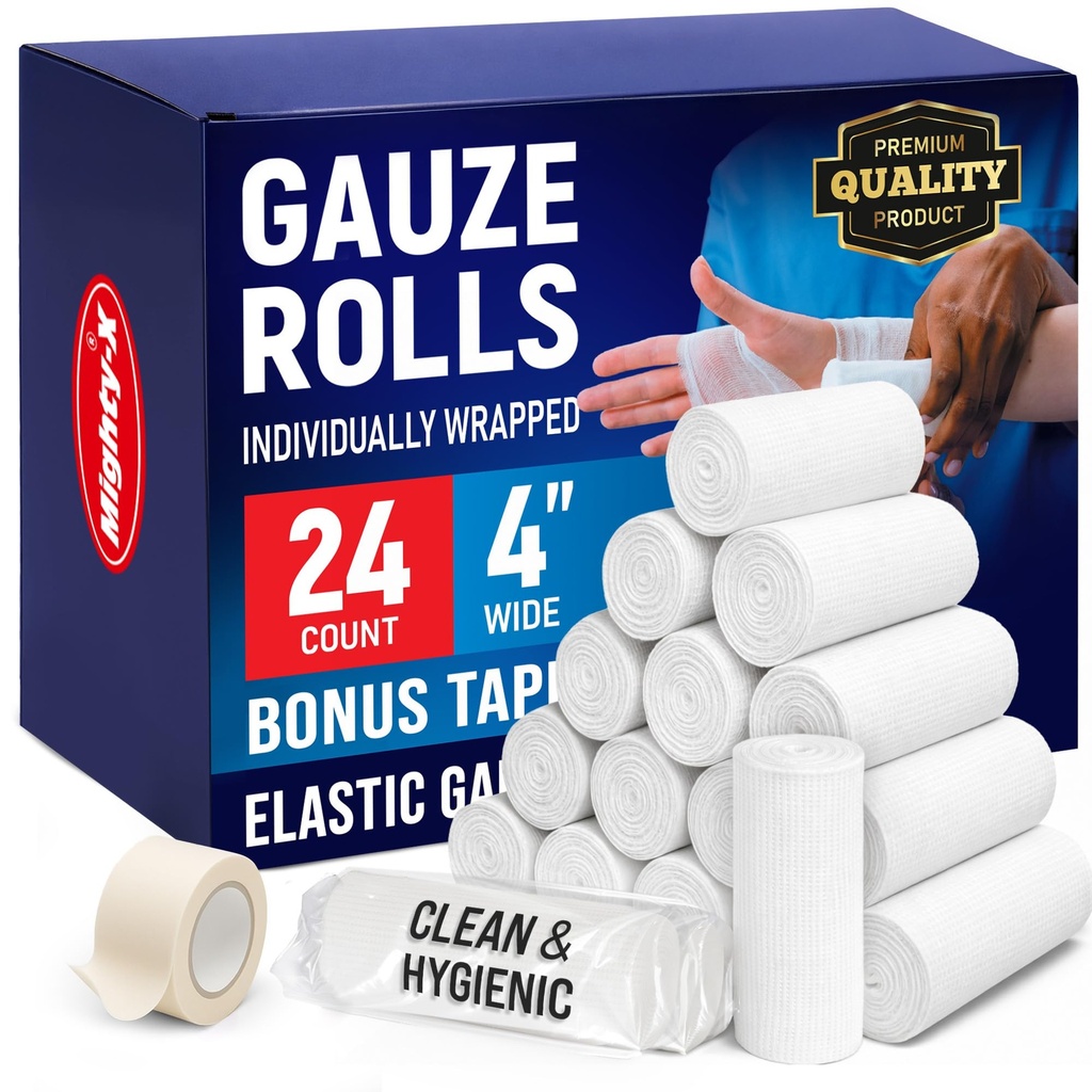 Ρολόι Gauze - 24 Pack - 4" x 4.1yd Αναπνοή κυλίνδρων - Ατομικά τυλιγμένα με ταινία μπόνους - Πρώτες βοήθειες conforming Stretch Wrap for Wounds - Mummy Wrap