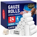 Ρολόι Gauze - 24 Pack - 4" x 4.1yd Αναπνοή κυλίνδρων - Ατομικά τυλιγμένα με ταινία μπόνους - Πρώτες βοήθειες conforming Stretch Wrap for Wounds - Mummy Wrap