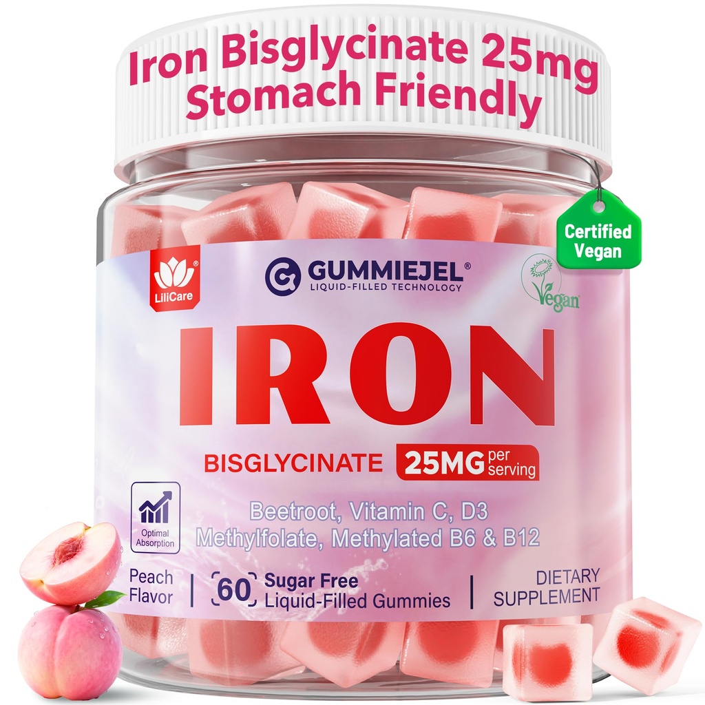 Iron Gummies for Women 25mg Plus Vitamin C, Beet Root, Vitamin B12, Folate for Iron Deciency, Anemia, Energy Boost, Sugar Free Iron Supplement, Non-Costipating, No After Taste, 60 Cts