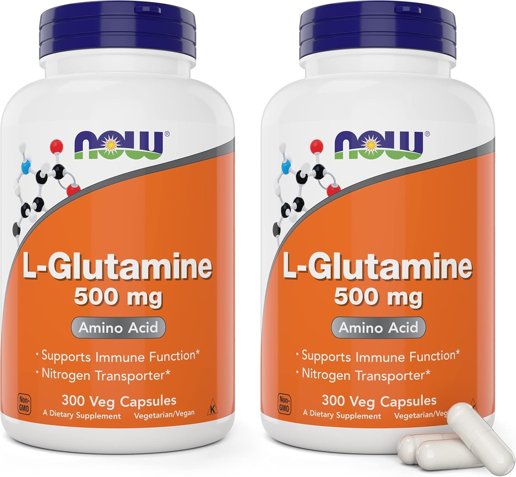 Τώρα L-Γλουταμίνη 500mg 300 κάψουλες Veg (Pack of 2) - Συμπλήρωμα μη ΓΤΟ - Vegan Lglutamine 500 mg Caps