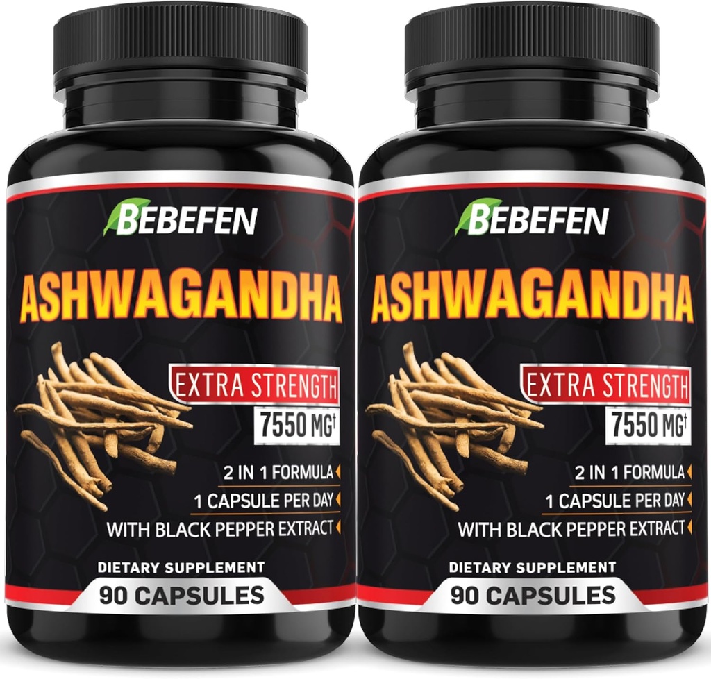 BEBEFEN Ashwagandha κάψουλες - 7550mg χάπια Φόρμουλα με εκχύλισμα μαύρου πιπεριού - 90 κάψουλες Ashwagandha συμπλήρωμα για την ενεργειακή υποστήριξη - 3 μήνες προσφοράς (πακέτο του 2)