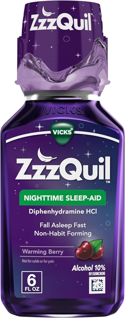 ZzzQuil, Nighttime Sleep Aid Liquid, 50 mg Diphenhydramine HCl, No. 1 Sleep Aid Brand, Fall Asleep Fast, Non-Habit Forming, Ζεστό άρωμα μούρου, 6 FL OZ