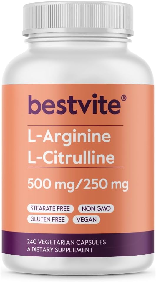 BESTVITE L-αργινίνη L-Citrulline 500mg / 250mg Vegan (240 κάψουλες χορτοφαγίας) - Όχι Stearates - Όχι Dicalcium Phosphate - Μη ΓΤΟ - Χωρίς γλουτένη