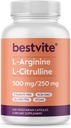 BESTVITE L-αργινίνη L-Citrulline 500mg / 250mg Vegan (240 κάψουλες χορτοφαγίας) - Όχι Stearates - Όχι Dicalcium Phosphate - Μη ΓΤΟ - Χωρίς γλουτένη