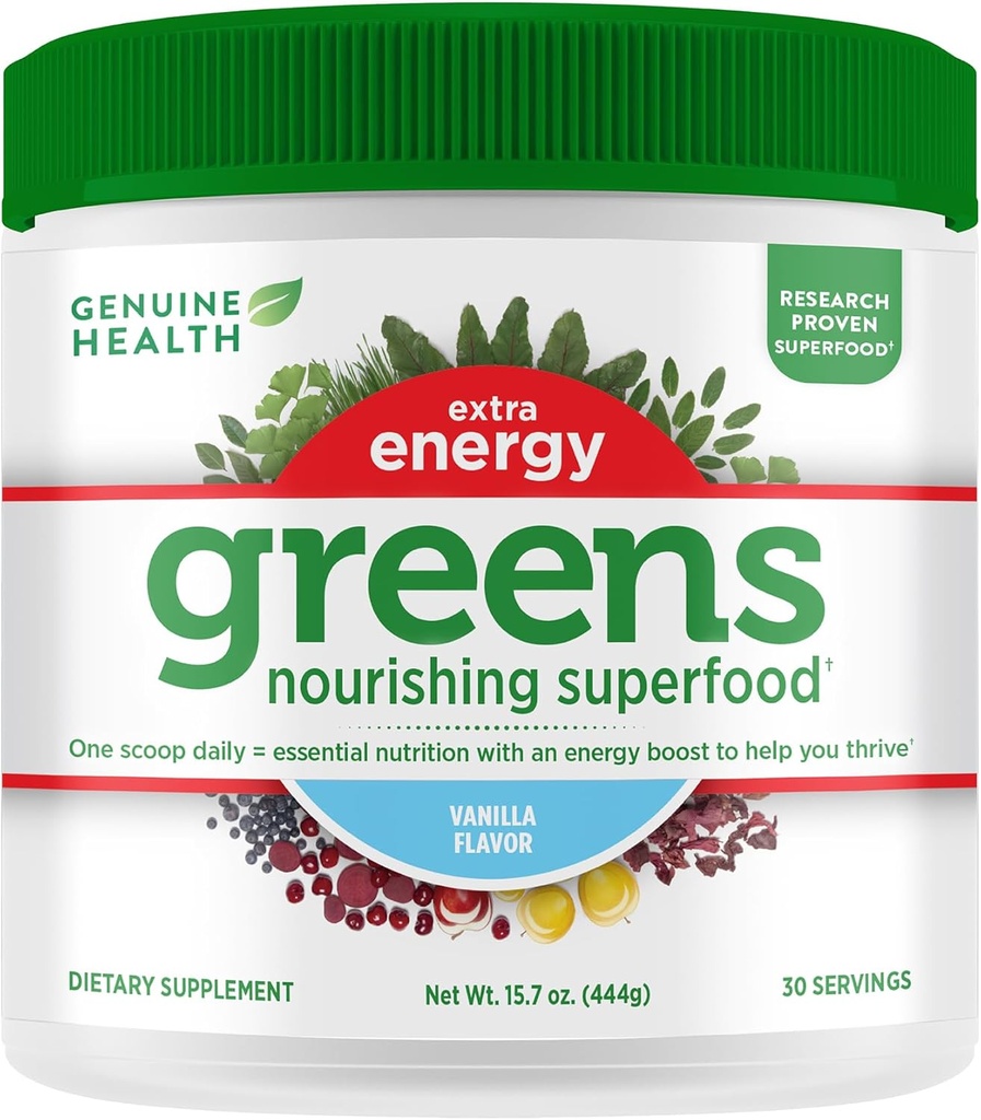 Γνήσιοι Πράσινοι Υγείας + Extra Energy Superfood Powder, παρέχει μια άμεση ενίσχυση ενέργειας & υποστηρίζει την υγεία των ούρων, Vanilla Flavoured, 30 εξυπηρετήσεις