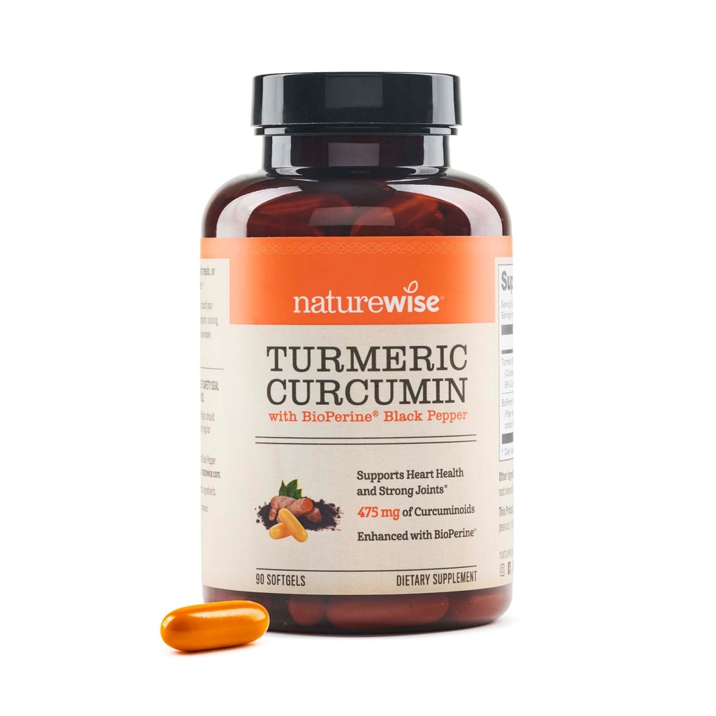 NatureWise Turmeric Curcumin 500mg with Black Pepper Softgels - Extra Strength, Enhanced Absorption - 95% Curcuminoids & BioPerine for Immune Support - Gluten-Free, Non-GMO - 90 Count[3-Month Supply]