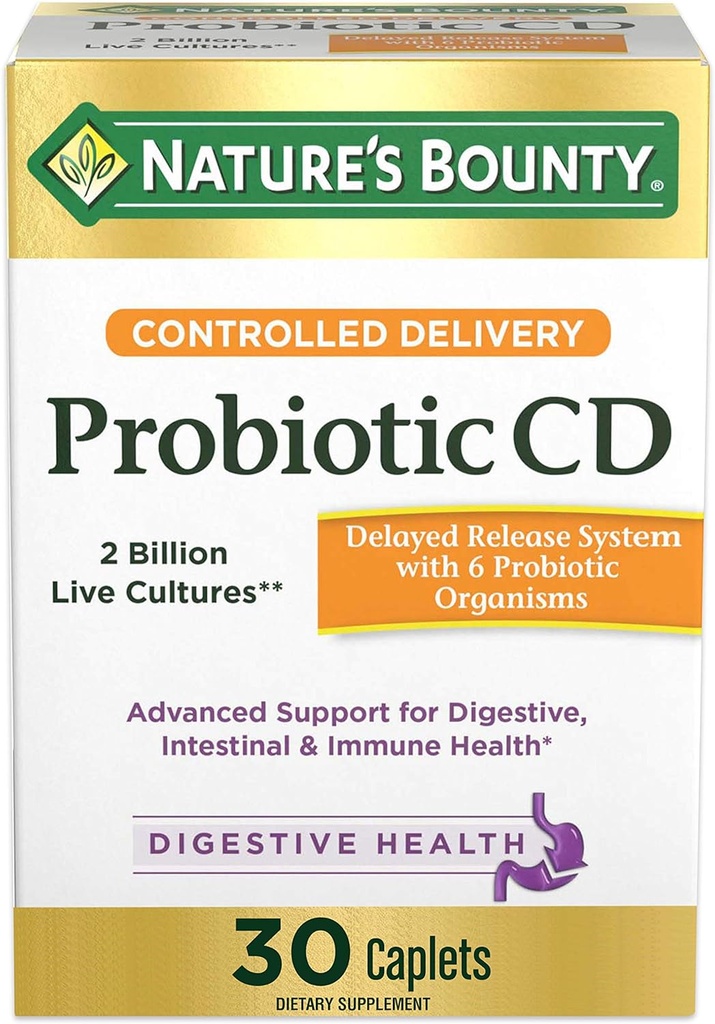 Nature's Bounty Probiotic, Controlled Delivery Dietary Supplement, Παραδίδει Φιλικά βακτήρια σε Digestive, και ανοσοποιητικά συστήματα, 30 Caplets