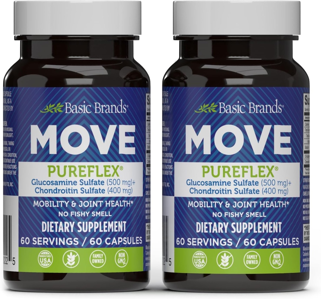 Βασικές Μάρκες - Μετακίνηση Pureflex Glucosamine Chondroitin - Κοινό συμπλήρωμα υποστήριξης για ευελιξία και κινητικότητα - 60 κάψουλες - 2-πακέτο