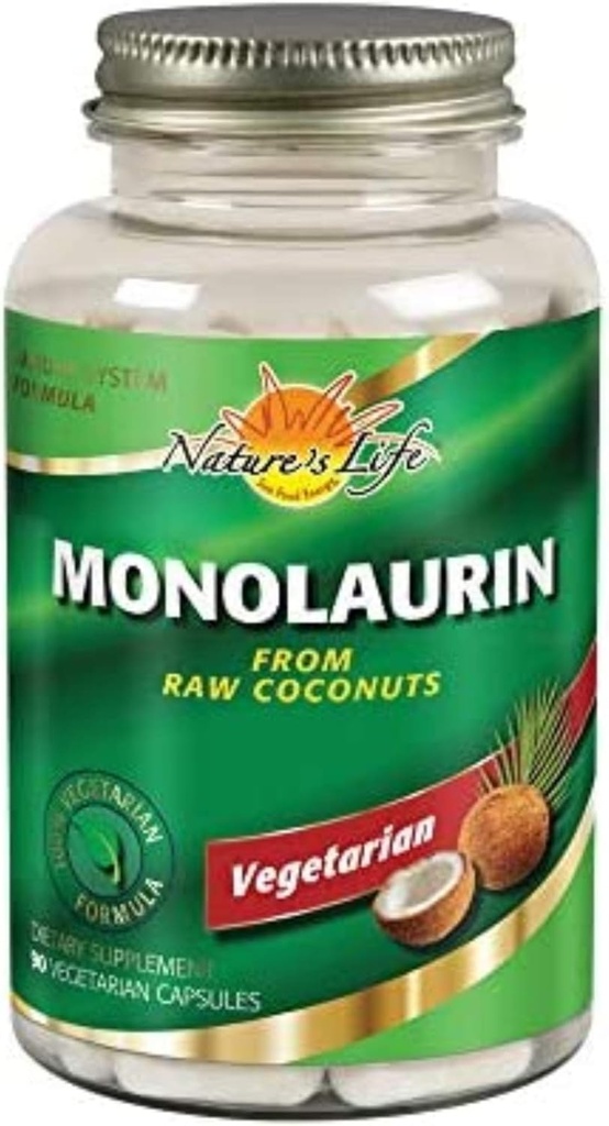 Nature's Life Monolaurin 1000 mg, Nourishing Monolaurin from Natural Raw Coconut, Immune Support Supplement, Gut Health, Balanced Gut Flora, 60- Ημέρες Εγγύηση, 45 Υπηρεσίες, 90 Κάψουλες χορτοφάγων