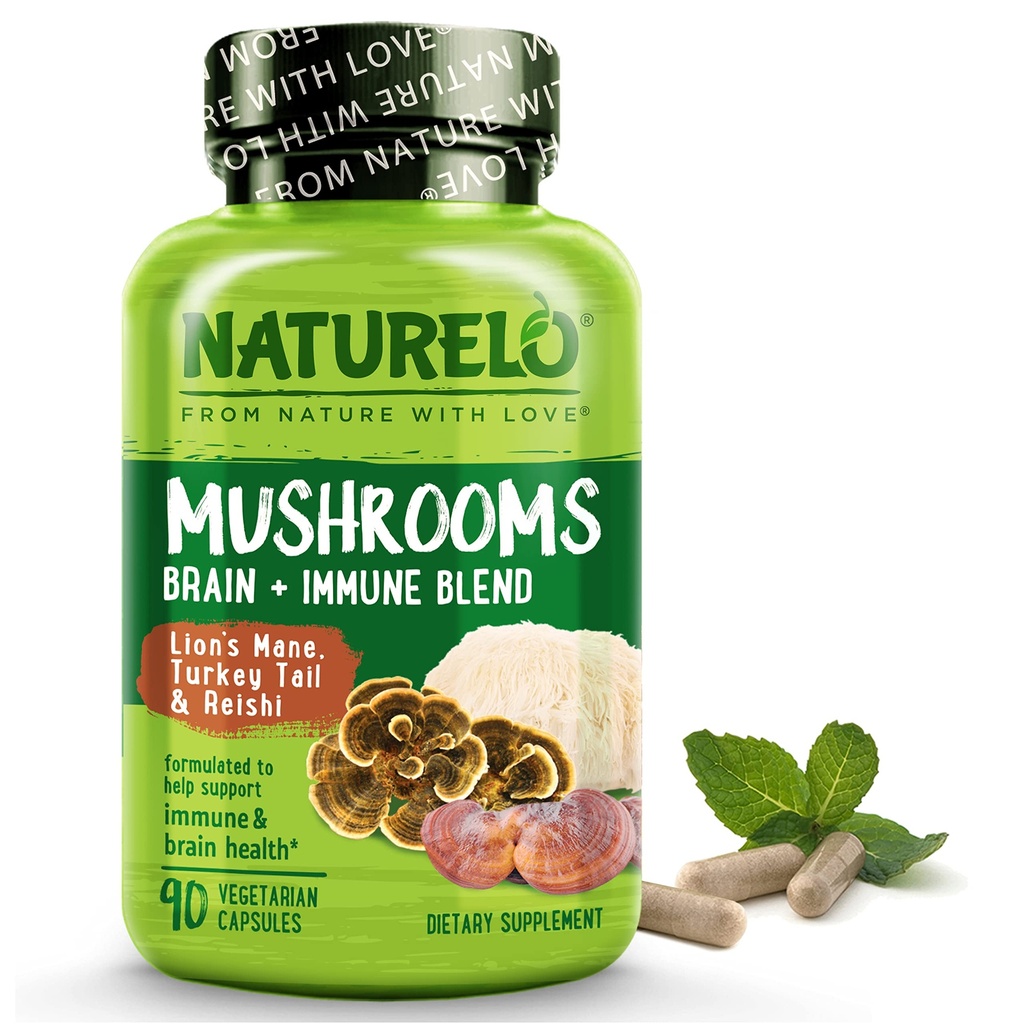 NATURELO Mushroom Supplement Capsules, 90 Ct, Brain & Immune Support, Vegan-Friendly, Lions Mane Supplement Capsules, Lion’s Mane, Reishi, Turkey Tail Blend