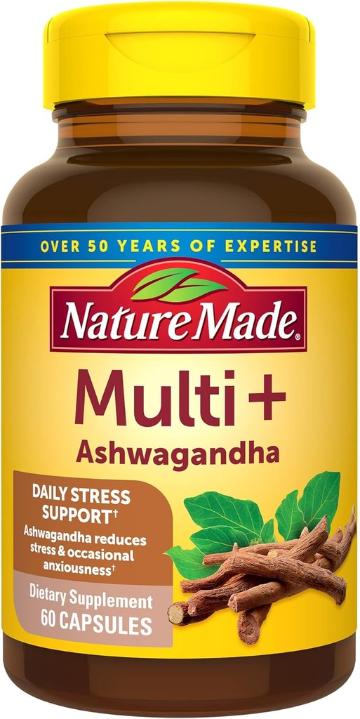 Nature Made Multi + Ashwagandha, Multivitamin for Women & Men for Daily Stress Relief Support, Multivitamin for Men & Women, Μία ανά ημέρα Ανδρικές & Γυναικείες Βιταμίνες, 60 Κάψουλες, Καφέ