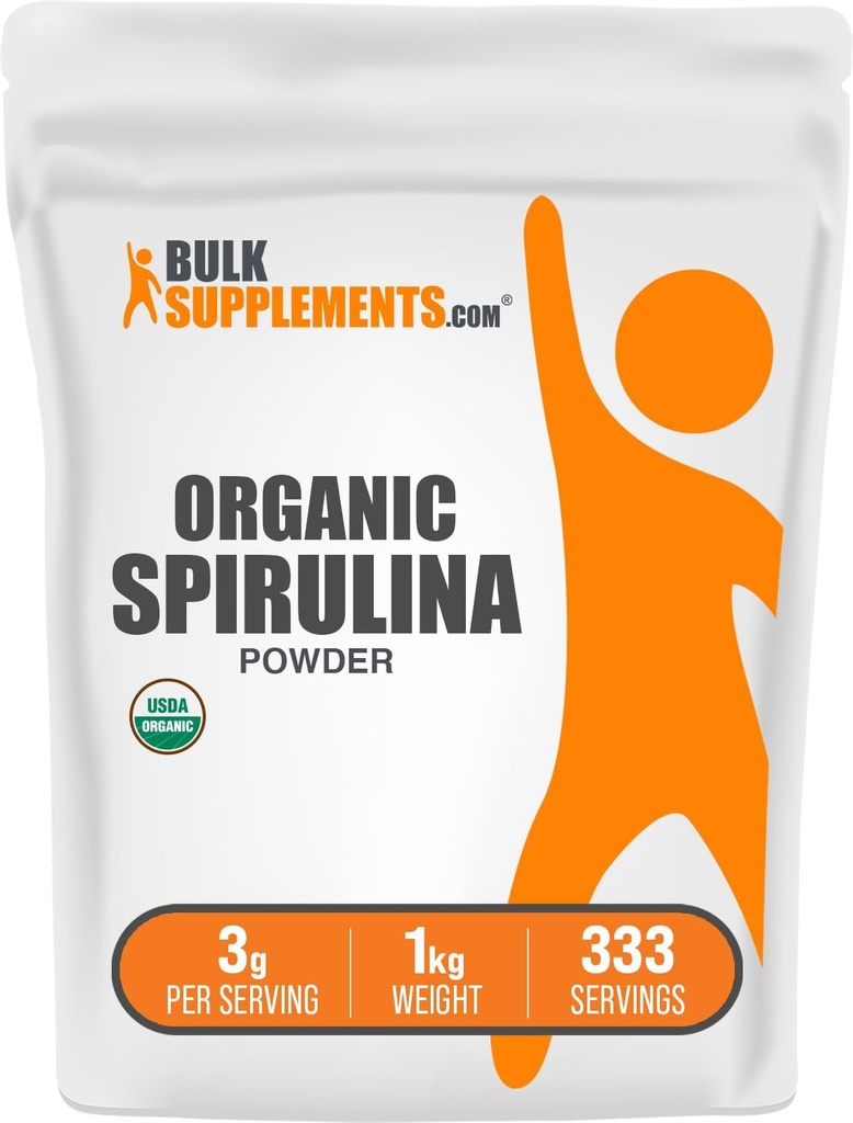 BulkSupplements.com Βιολογική σκόνη Spirulina - Superfood, Πράσινη σκόνη Spirulina, συμπλήρωμα βοτάνων - Vegan-Friendly, 3g ανά Σερβίρισμα, 1kg (2,2 lbs) (Pack of 1)