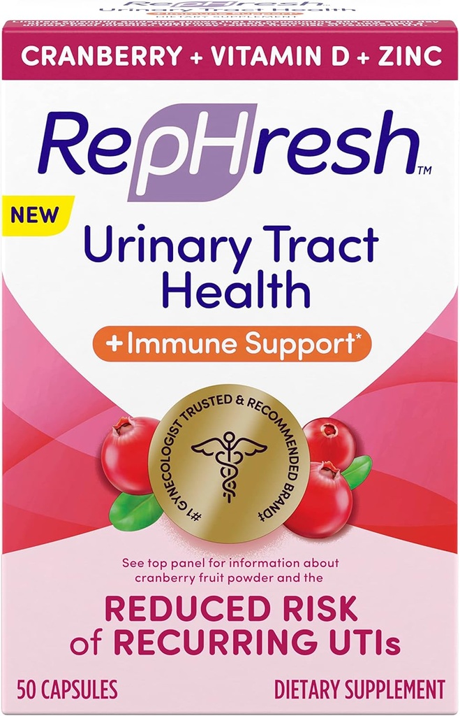 Rephresh Cranberry Urinary Tract Health Plus Immune Supplement, Αναμειγμένο με βιταμίνη D + ψευδάργυρο - 50 Count