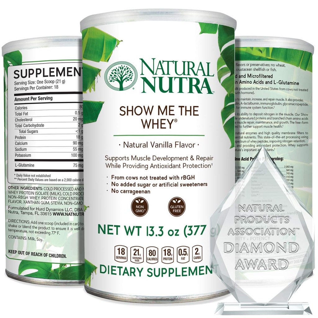 Natural Nutra Grass Fed Vanilla Show Me The Whey Protein Source Powder Enhance Digestion, Improve Body Fluid Flow, Support Bone Health and Boost Immunity, Gluten Free, Sugar-Free, Non-GMO, 13.3oz