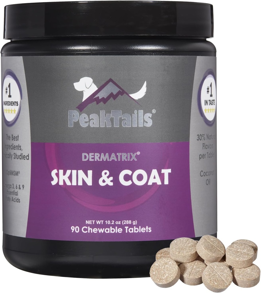 Kala Health PeakTails Skin & Coat Support for Dogs – 90 Μασώμενα δισκία με MSM, ιχθυέλαιο, Omega-3 & Omega-6 – Υποστηρίζει υγιές δέρμα, γυαλιστερό παλτό