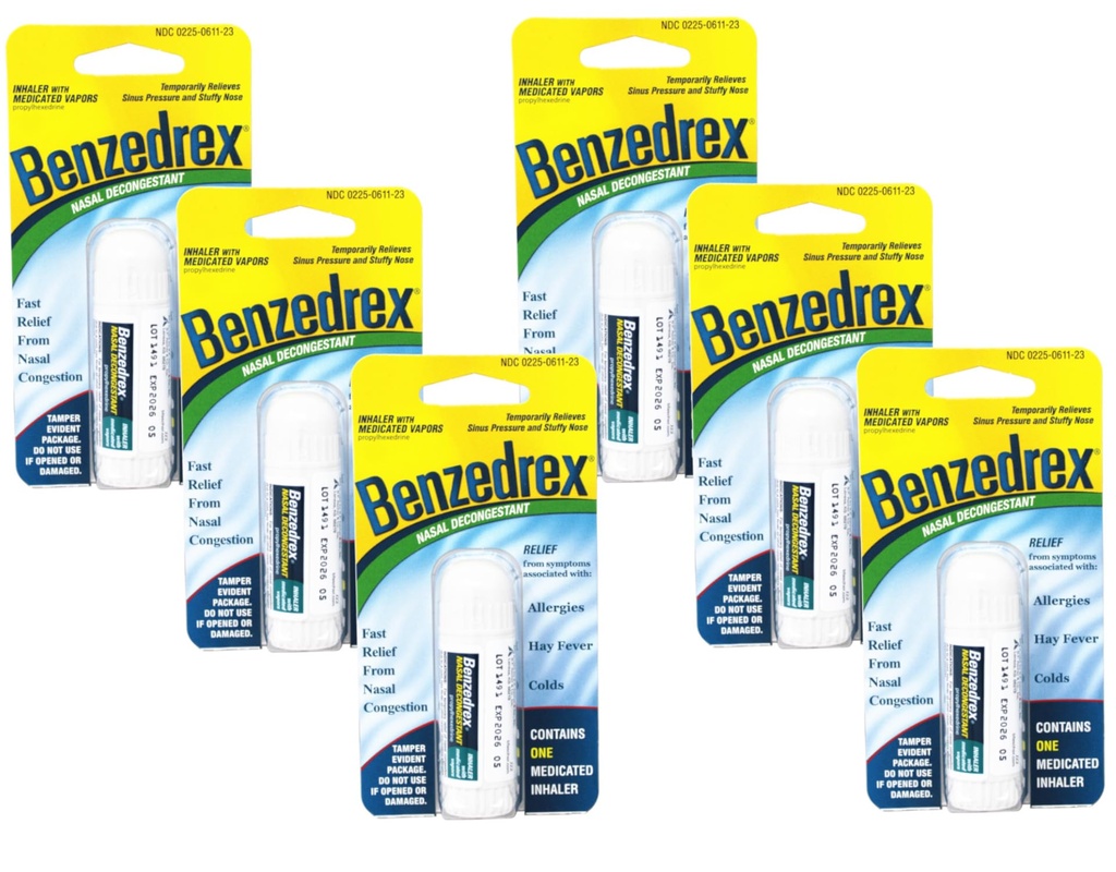 Benzedrex Nasal Decongestant Inhaler | Medicated Vapor Relief for Sinus Pressure, Nasal Congestion, Allergies, Hay Fever & Colds | Pack of 6