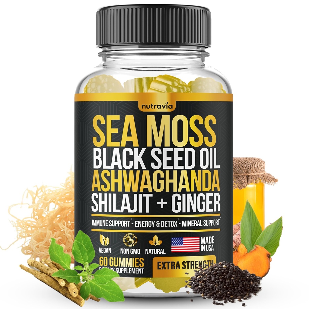 Sea Moss, Black Seed Oil, Ashwagandha, Ginger, Shilajit Gummies with Elderberry, Chlorophyl, Turmeric Bladerwrack Sea Moss Gummies Advanced Strength Formula - Όλα σε 1 Bundle - USA Made (60 Gummies)