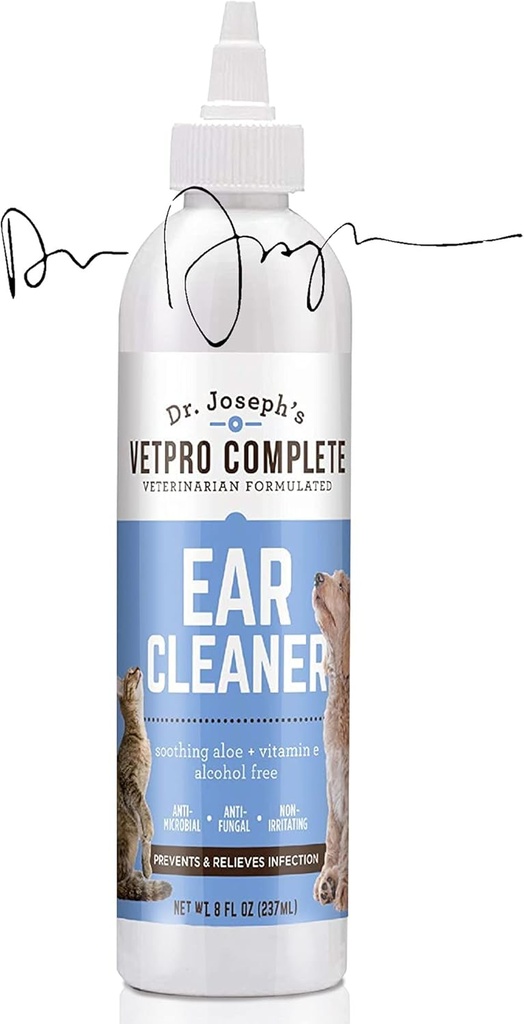 VetPro Πλήρης Δρ Joseph's Dog Ear Cleaner, 8 ουγγιά, Gentle Dog και Cat Ear Rinse Solution Wash με Aloe Vera και βιταμίνη Ε, Drops Dog E αυτί για να αφαιρέσετε το κερί και Debris, μειώνει Odor, Easy Applicator