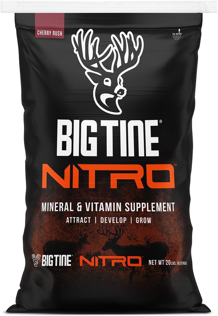 Big Tine Nitro, Deer Supplement, 20 lbs Bag, Cherry Rush Scent, Powerful and Long Lasting Scent, High Bioavailability, Packed with Vitamins and Minerals