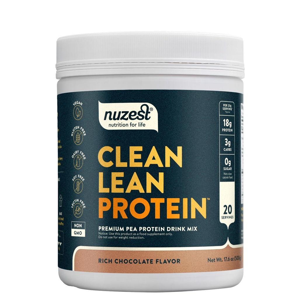 Nuzest - Pea Protein Powder - Καθαρή πρωτεΐνη Lean, Premium Vegan Plant Based Protein Powder, χωρίς γαλακτοκομικά, Χωρίς γλουτένη, GMO Free, Protein Shake, Πλούσια σοκολάτα, 20 μερίδες, 1,1 lb