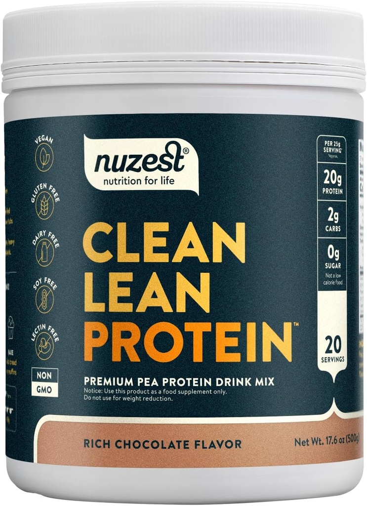 Nuzest - Pea Protein Powder - Καθαρή πρωτεΐνη Lean, Premium Vegan Plant Based Protein Powder, χωρίς γαλακτοκομικά, Χωρίς γλουτένη, GMO Free, Protein Shake, Πλούσια σοκολάτα, 20 μερίδες, 1,1 lb