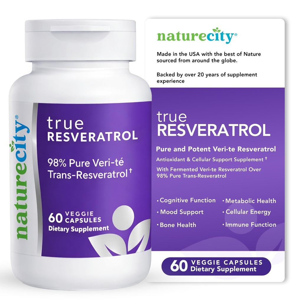 NatureCity TrueResveratrol – Resveratrol Supplement & Anti-Aging Support with 75mg Trans-Resveratrol (98% Pure Veri-te) for Heart, Immune, Bone & Cognitive Health | 60 Veggie Capsules