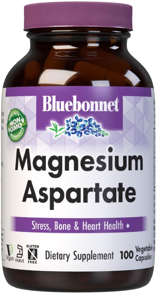 Bluebonnet Nutrition Magnesium Aspartate, Stress Relief*, Bone Health*, Heart Health*, Non-GMO, Vegan, Kosher Certified, Gluten-Free, Soy-Free, Dairy-Free, 100 Vegetable Capsules, 50 Servings