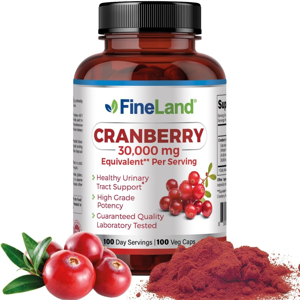 FineLand Cranberry Extract 30.000mg Δύναμη ανά κάψουλα — Χάπια υψηλής ισχύος Cranberry για υποστήριξη UTI — 100 κάψουλες Vegan, 100-Day Supply, Non-GMO, Made in USA
