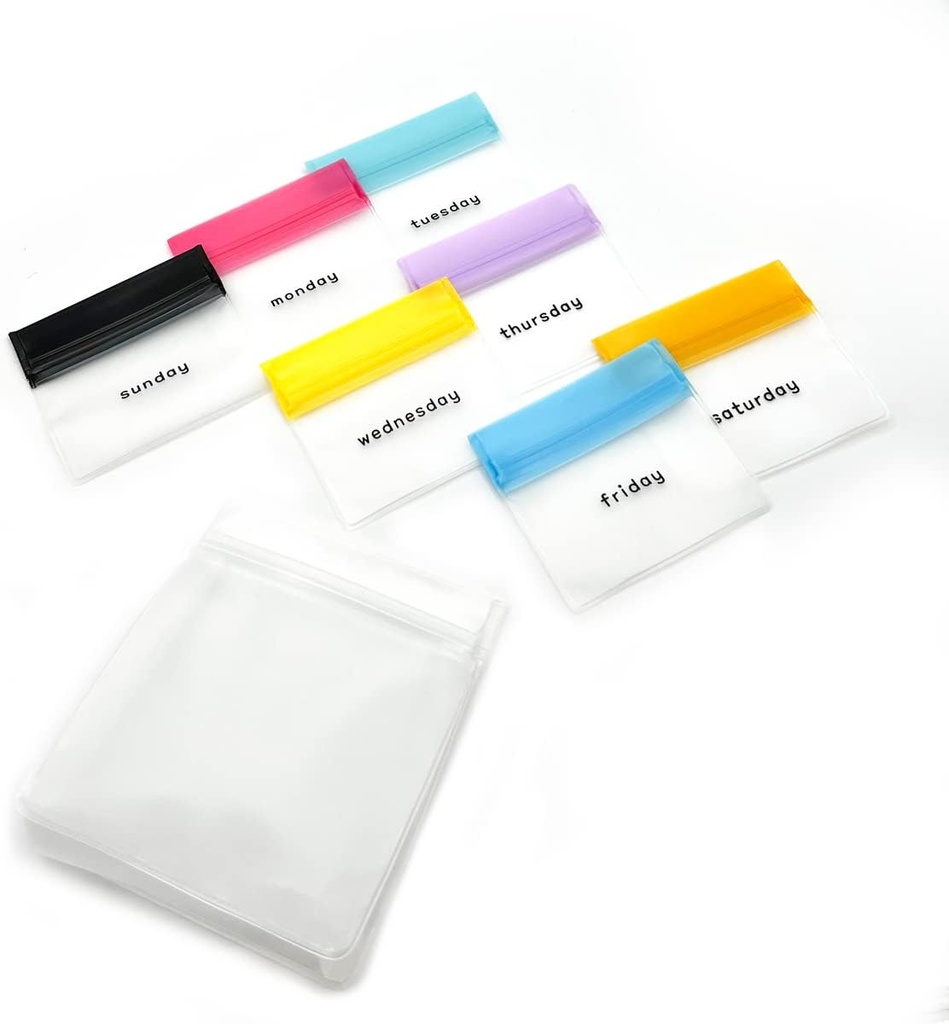 EZY DOSE Επαναχρησιμοποιήσιμο 7-Day Pill Pouch Set, Ανθεκτικό Multi-Purpose Travel-Sized Baggies, Περιλαμβάνει τις ημέρες της εβδομάδας ετικέτες w/Χρώμα για την εύκολη αναγνώριση, Σιλικόνη Αποθήκευση, Καθαρή, BPA Δωρεάν, TSA Εγκεκριμένες