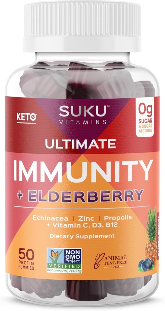 SUKU Βιταμίνες - Ultimate Ανοσία - Elderberry Echinacea και Propolis Gummies για την υποστήριξη του ανοσοποιητικού, εύκολο να μασήσει - μη ΓΤΟ, χωρίς γλουτένη ζάχαρη - Ρόδι Lime Γεύσεις Gummy Βιταμίνες, 50 Count