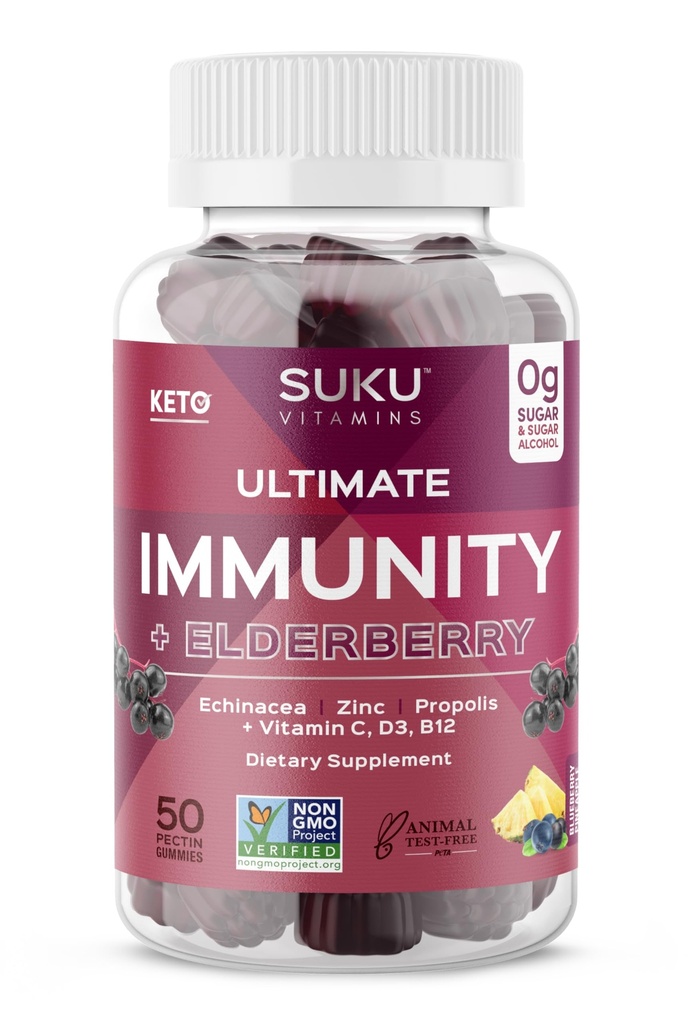 SUKU Βιταμίνες - Ultimate Ανοσία - Elderberry Echinacea και Propolis Gummies για την υποστήριξη του ανοσοποιητικού, εύκολο να μασήσει - μη ΓΤΟ, χωρίς γλουτένη ζάχαρη - Ρόδι Lime Γεύσεις Gummy Βιταμίνες, 50 Count