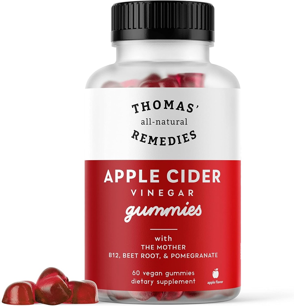 Thomas' all-natural Remedies Apple Cider Vinegar Gummies with The Mother, ACV Gummies 1000mg, Beet Root, Ρόδι, B9 & B12 Βιταμίνες Gummies, Gelatin-free, Gluten-free, Vegan & Non-GMO (60 Count)